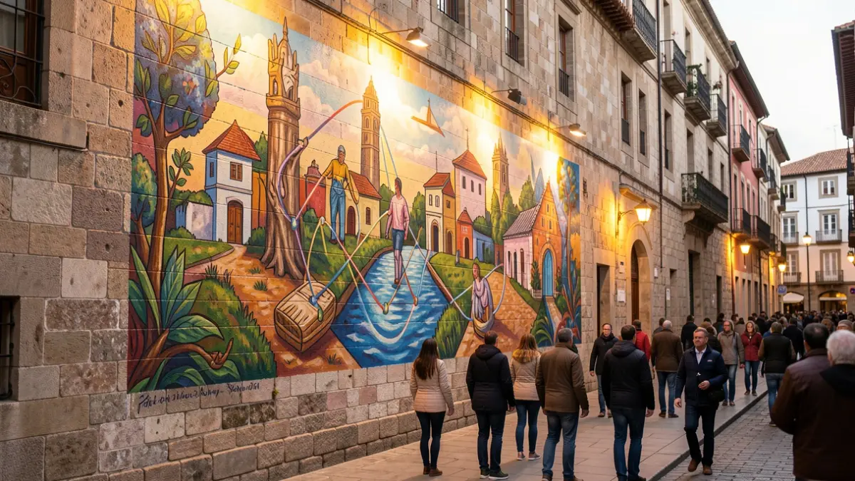 Imagen de un mural de arte urbano que representa la transformación en una pared histórica de Santiago de Compostela.