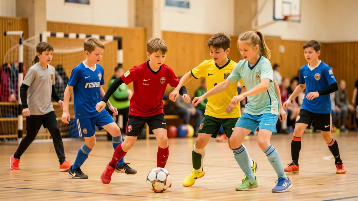 Imaxe xenérica de nenos e nenas adestrando nunha pista de fútbol sala.