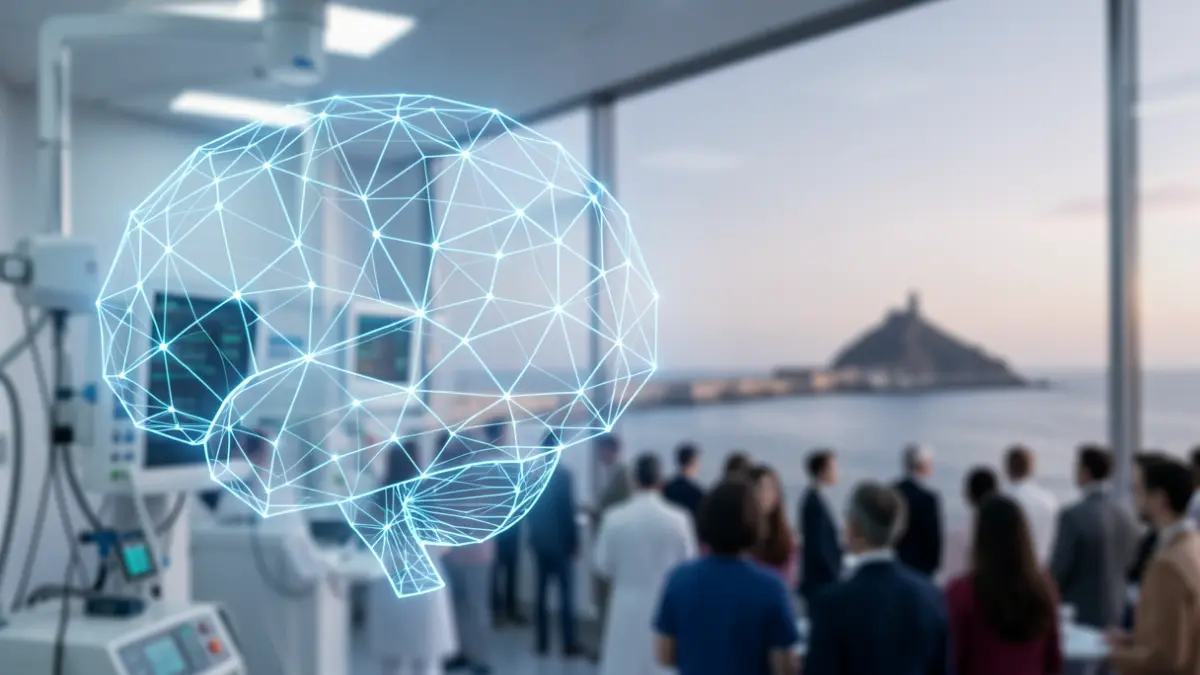 Imagen genérica de tecnología sanitaria con redes neuronales y silueta de la costa gallega.