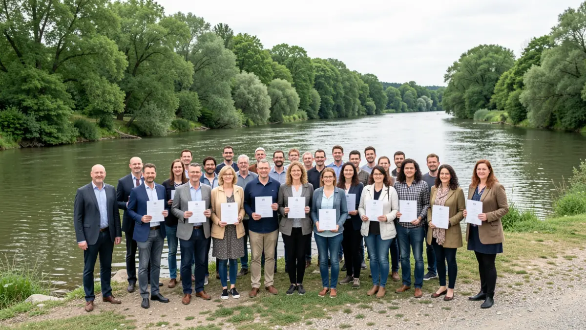 Imaxe xenérica de persoas recibindo diplomas nun evento ao aire libre preto dun río.
