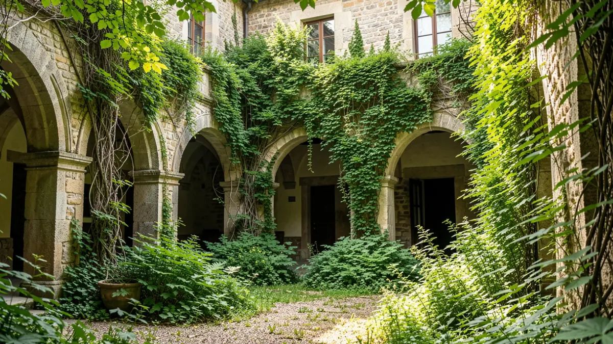 Imagen de un pazo gallego histórico cubierto de vegetación, con luz solar filtrándose.
