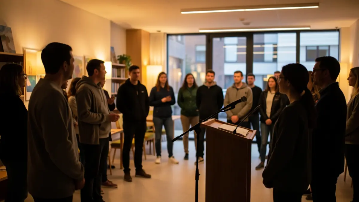Imaxe xenérica dun grupo de siluetas de pais e adolescentes nun centro comunitario, con micro nun atril.