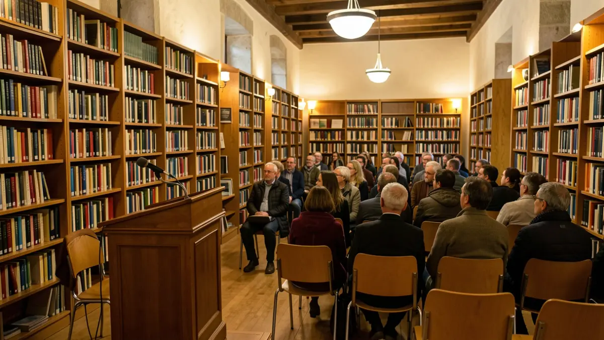 Imaxe dunha biblioteca municipal galega con monicreque, libros e cadeiras baleiras.