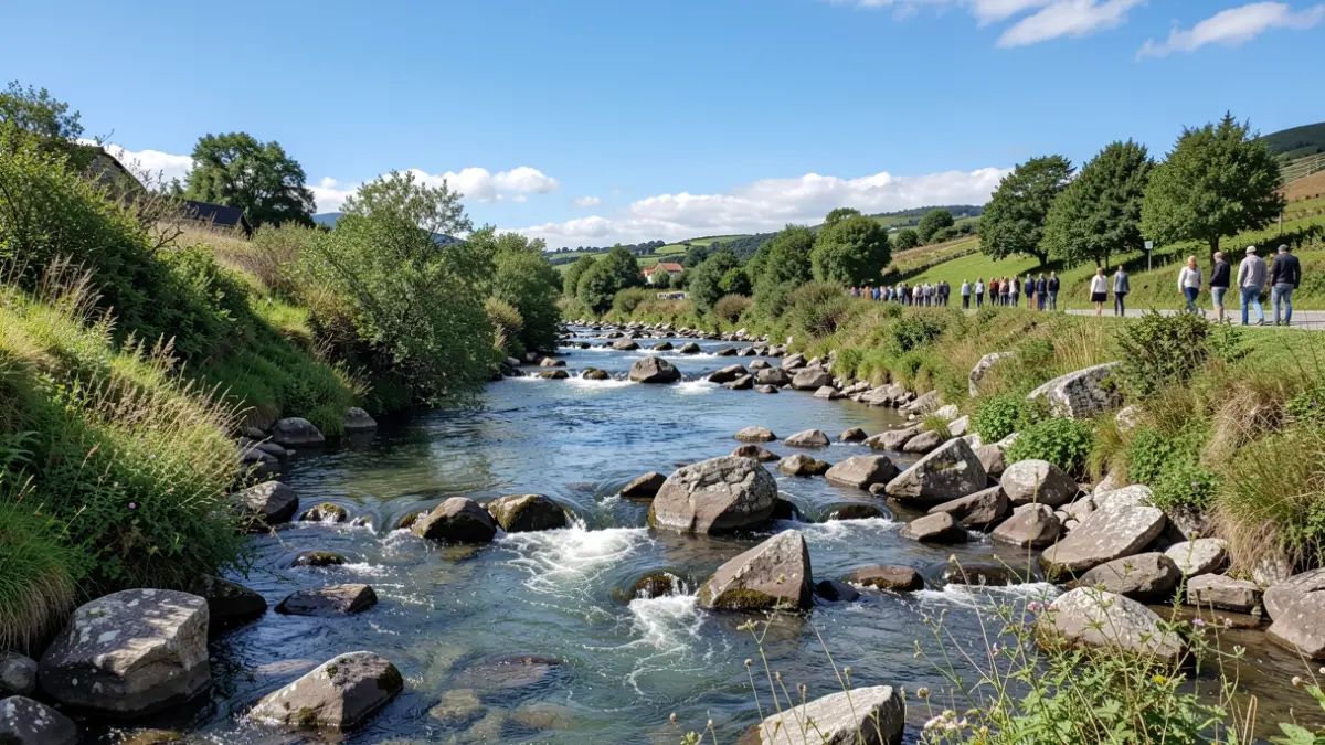 Imagen genérica de un río gallego con sus márgenes verdes y piedras de granito.