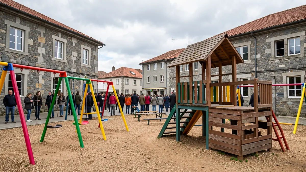 Imagen de un patio escolar en Galicia con columpios y una caseta de madera.