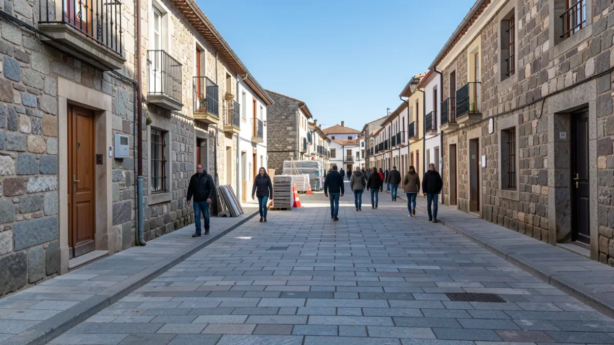 Imagen de una calle en Combarro, Galicia, con pavimento de granito y edificios tradicionales, destacando el espacio peatonal.