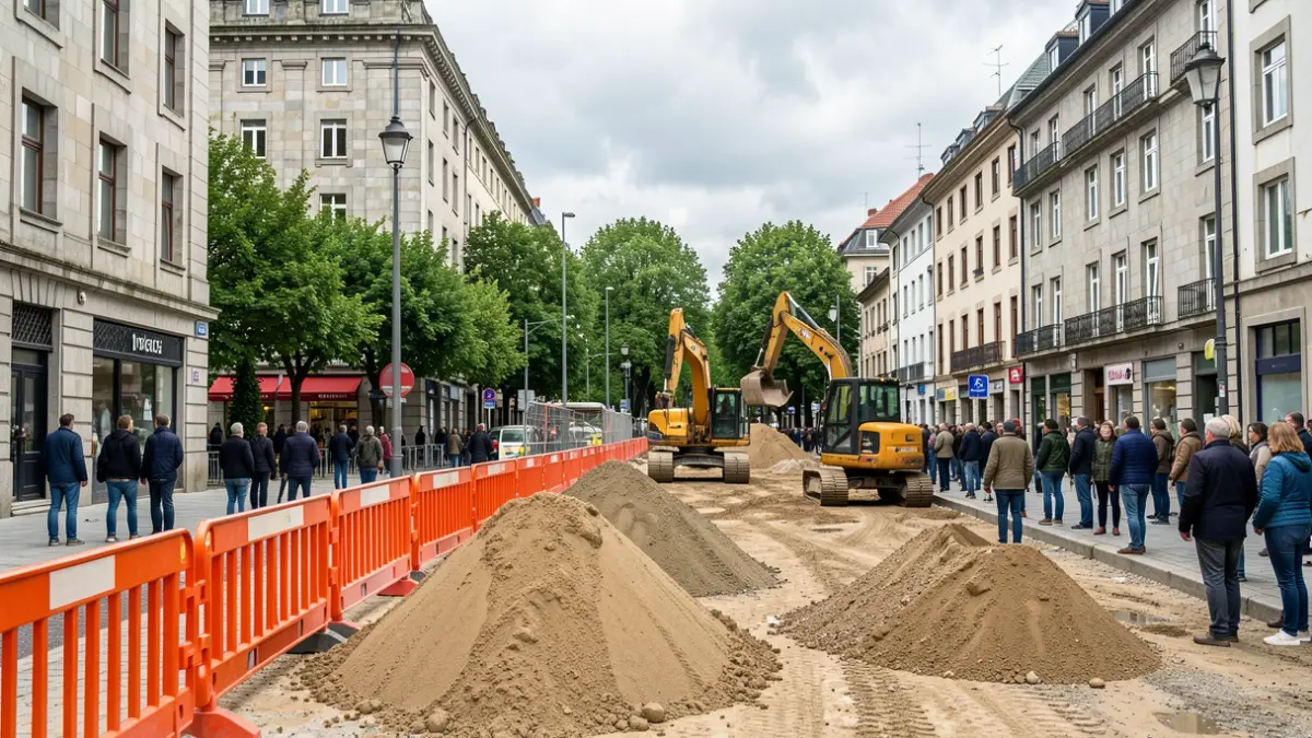 Imaxe xenérica de obras urbanas en Galicia con edificios de granito e ceo nubrado.