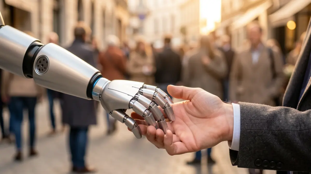 Primer plano de una mano robótica tocando suavemente una mano humana, simbolizando la conexión entre tecnología y bienestar humano.