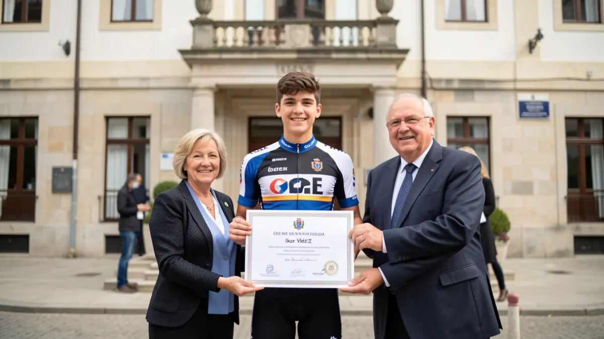 Imaxe dun mozo ciclista recibindo un diploma nun acto oficial no Concello de Redondela.