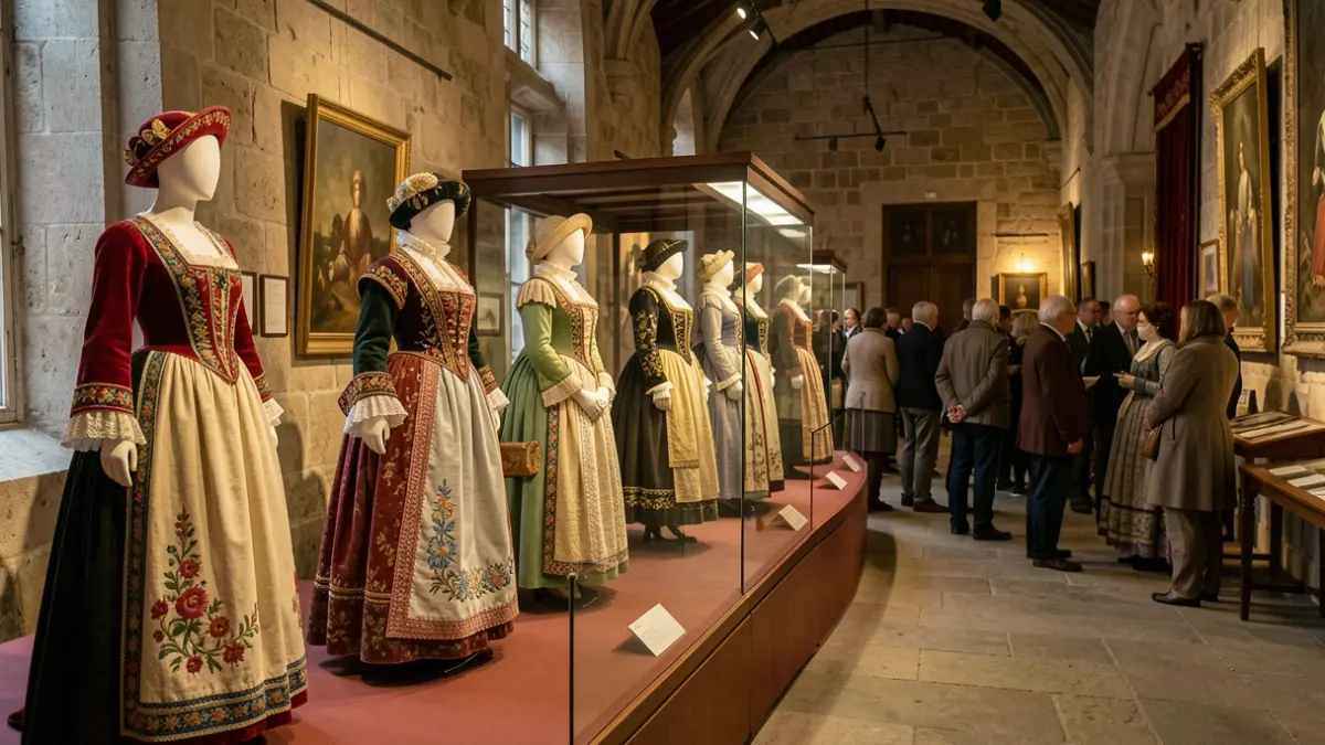 Imagen de una exposición de traje tradicional gallego con maniquíes vestidos con piezas históricas.