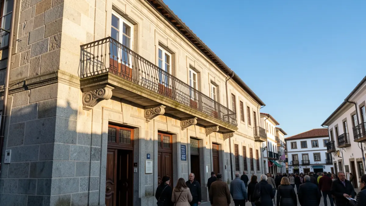 Imagen genérica de un ayuntamiento gallego con balcón y luz solar.