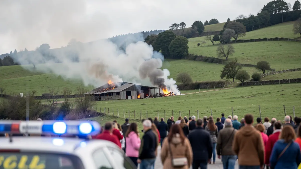 Imagen genérica de humo de un incendio que se extiende hacia una ladera verde en Galicia, con luces de emergencia borrosas.
