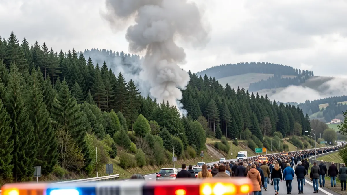 Imaxe xenérica de fume dun incendio forestal preto dunha estrada en Galicia.