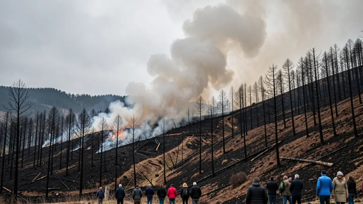 Imaxe dun incendio forestal en Galicia con fume ascendendo cara a un ceo nubrado.