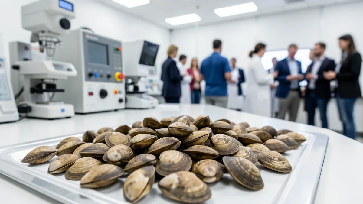 Primer plano de semillas de moluscos bivalvos en laboratorio con equipamiento de acondicionamiento e inmunoprotección desenfocado.