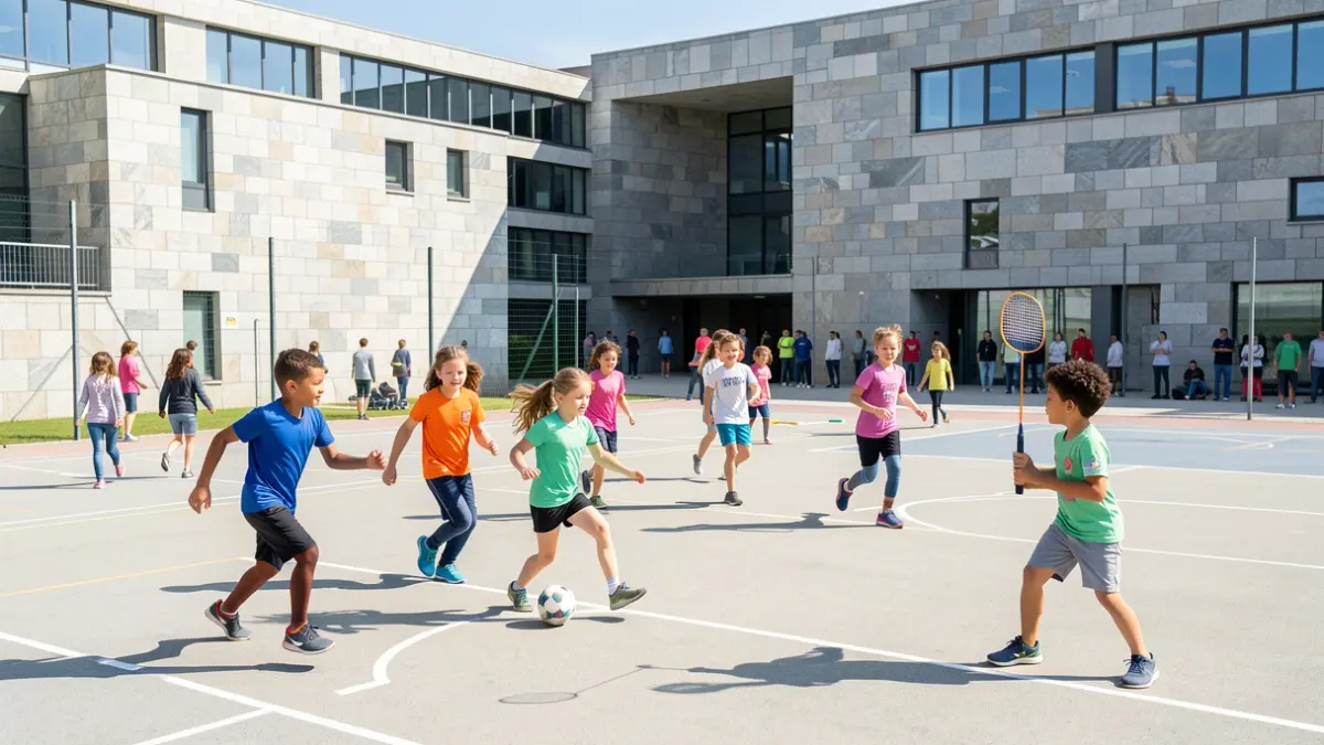 Imagen genérica de niños y niñas participando en diversas actividades deportivas en un complejo deportivo gallego.