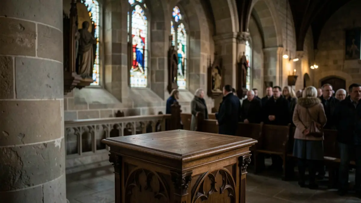 Interior de una iglesia con elementos religiosos.