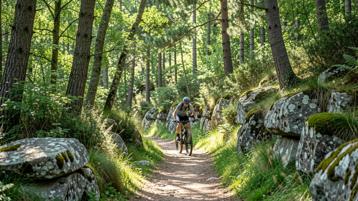 Imaxe dun sendeiro de bicicleta de montaña nun bosque galego.