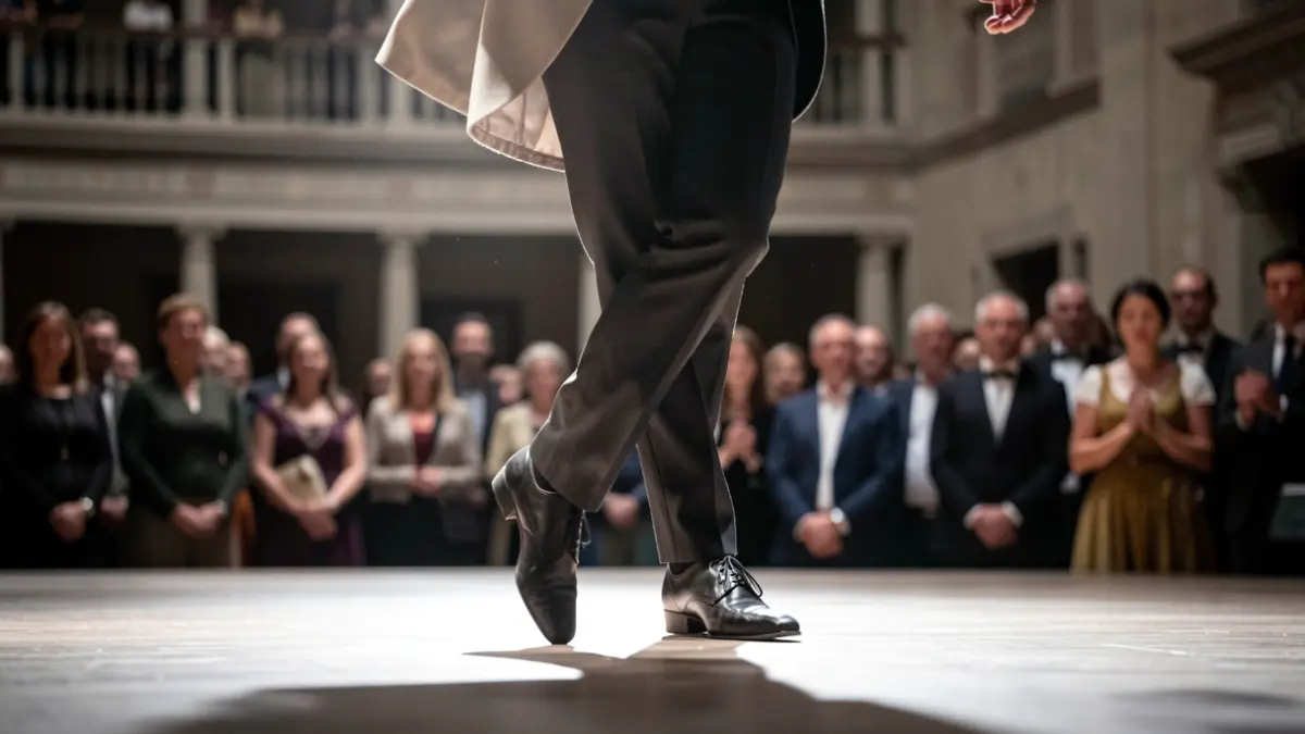Primer plano dos pés dunha bailarina en movemento nun escenario, con focos suaves e o balcón dun concello difuminado ao fondo.