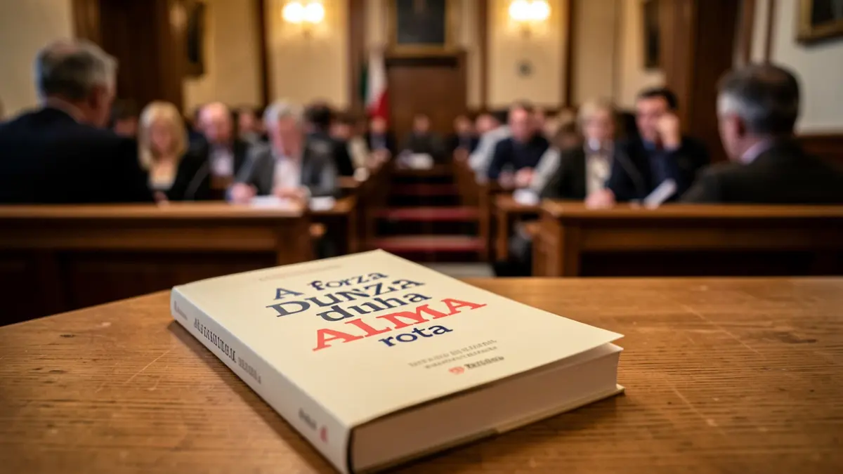 Imagen de un libro titulado 'A forza dunha alma rota' sobre una mesa de madera, con el fondo desenfocado de un salón de plenos de un ayuntamiento.