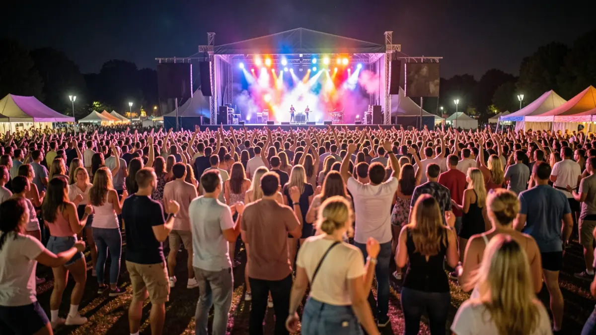 Imagen genérica de un concierto multitudinario nocturno con luces de colores y público bailando.
