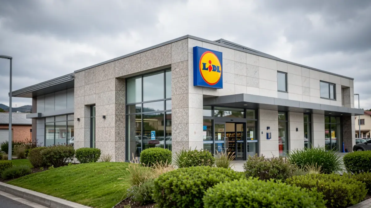 Imaxe xenérica dun supermercado Lidl en Galicia con detalles de granito.