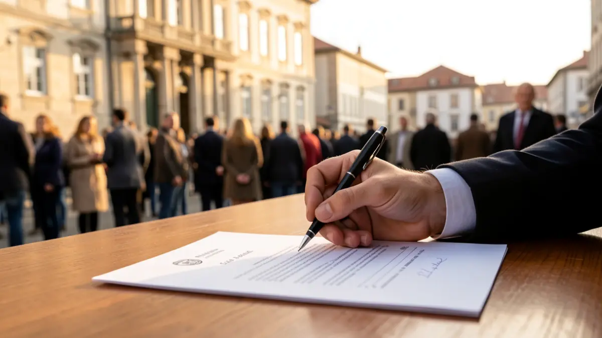 Primer plano de un documento firmado por una mano sobre un escritorio de madera, con una fachada de edificio oficial gallego al fondo.