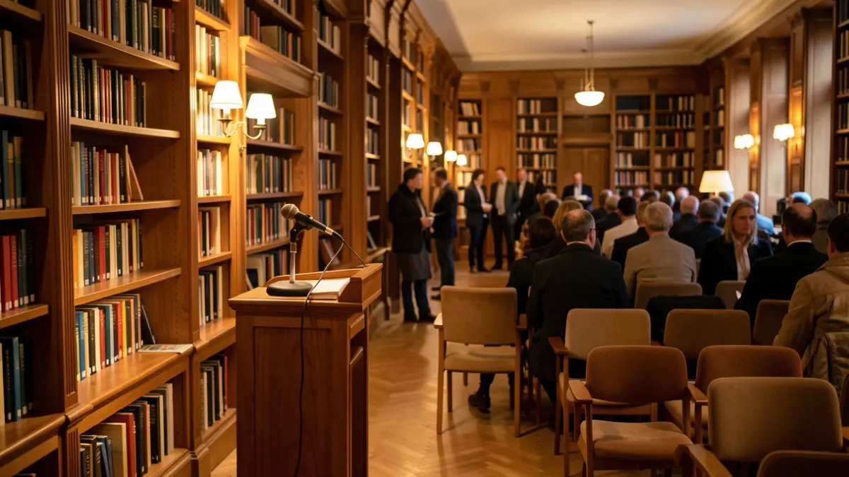 Imagen genérica de una sala de conferencias con micrófono y estanterías de libros.