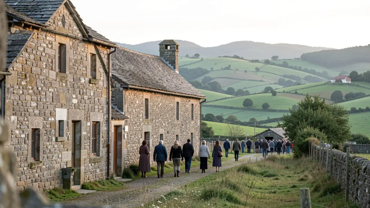 Imagen de un entorno rural gallego con arquitectura tradicional de piedra.
