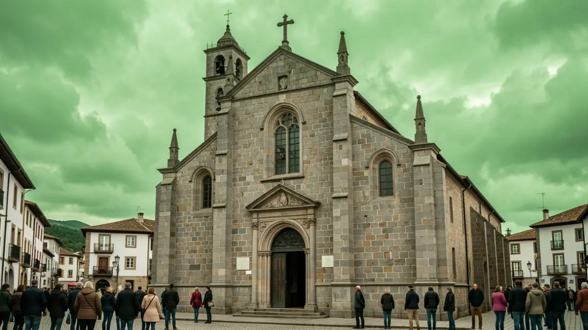 Imagen genérica de una iglesia de piedra gallega con cielo nublado.
