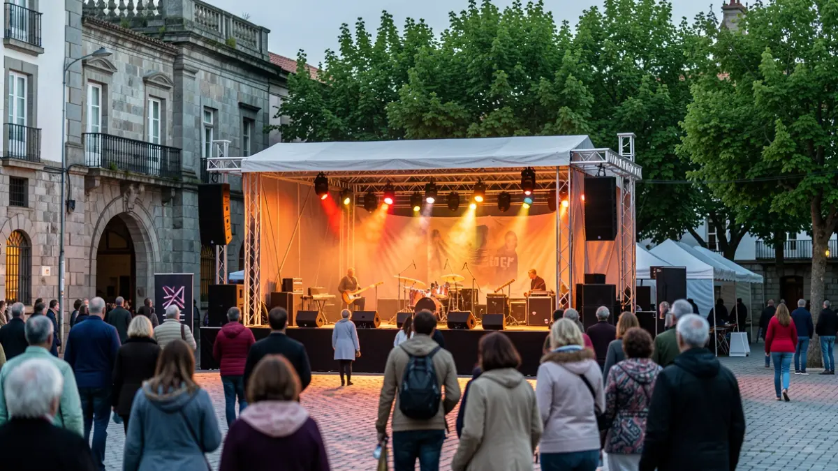 Imaxe xenérica dun escenario musical ao aire libre en Galicia con arquitectura de granito e árbores.