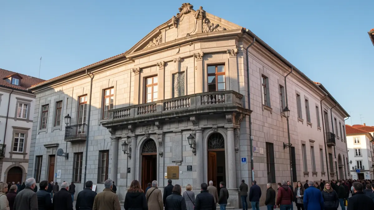 Imagen genérica de una casa consistorial gallega de piedra con balcón ornamentado.