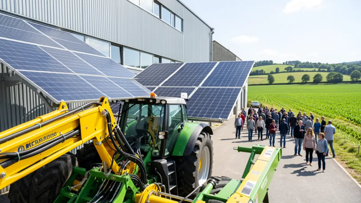 Imagen genérica de maquinaria agrícola y paneles solares en un edificio industrial en Galicia.