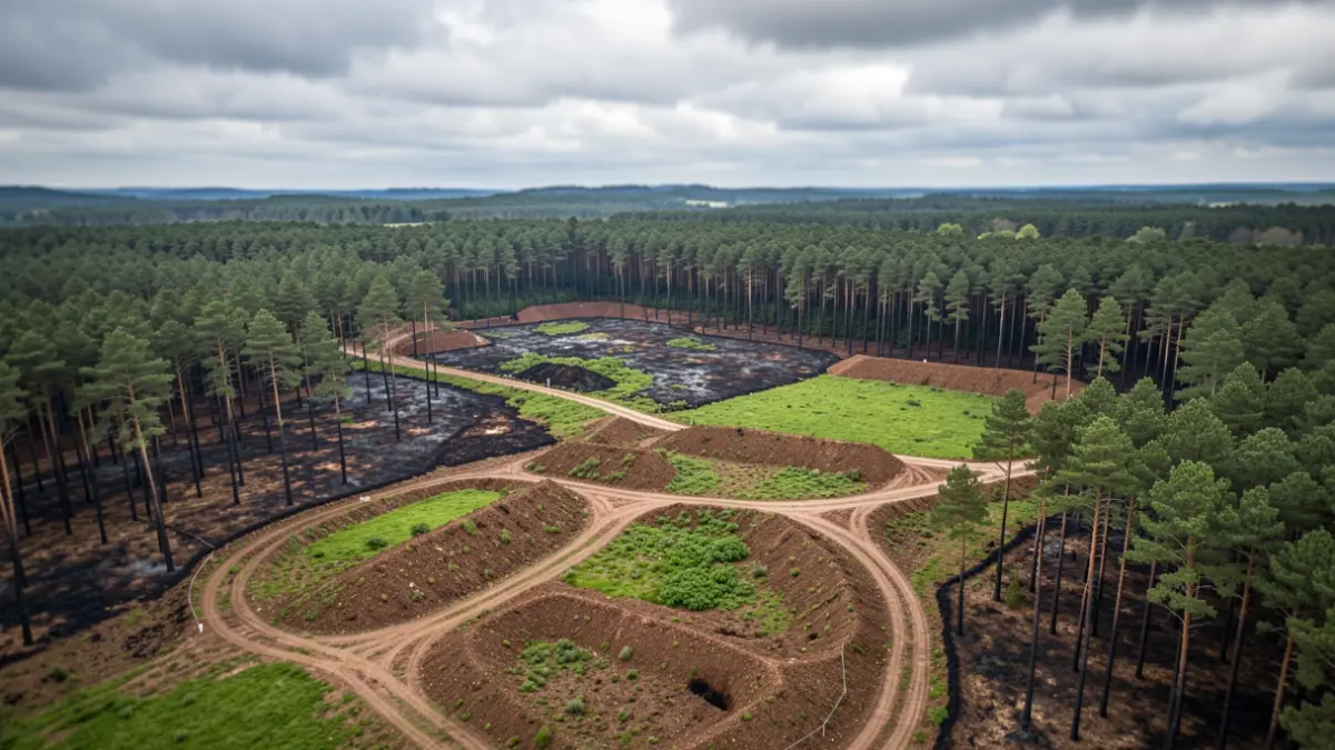 Imaxe xenérica de paisaxe forestal galega con zonas afectadas por lumes e medidas de recuperación.