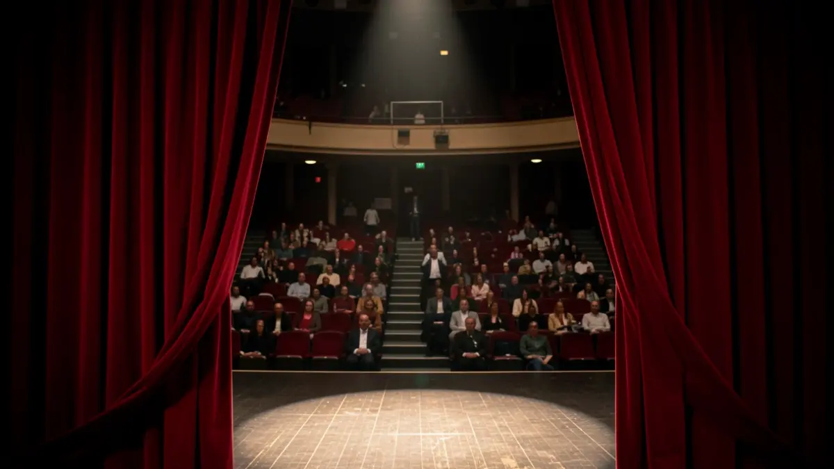 Imagen genérica de un escenario de teatro vacío con cortinas de terciopelo rojo.