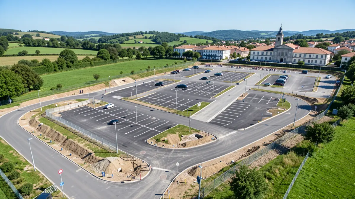 Vista aérea dun aparcadoiro municipal en Melide, Galicia, con obras de acondicionamento.