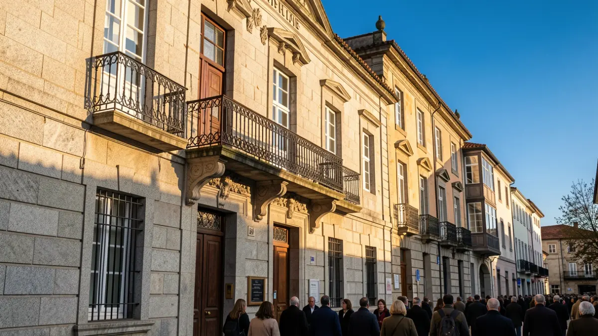 Imagen genérica de un ayuntamiento gallego de granito con balcón ornamentado y barandillas de hierro, cálida luz solar de la tarde.