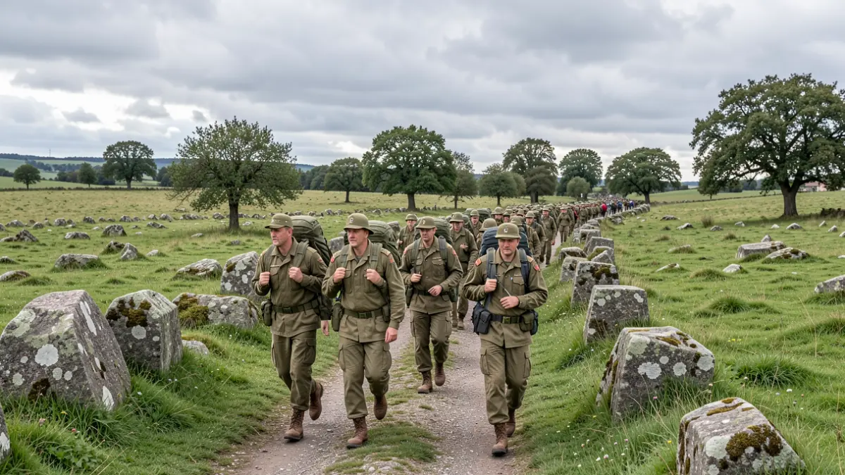 Imaxe xenérica de militares camiñando polo Camiño Francés en Galicia.