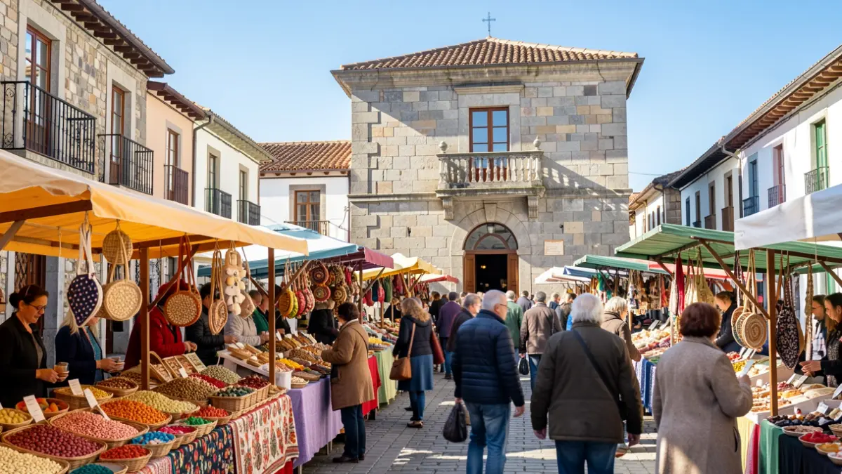 Imaxe dunha feira tradicional galega con postos de fabas e artesanía.