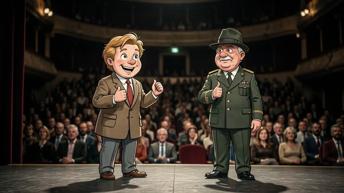 Imaxe xenérica de dous personaxes de debuxo animado nun escenario de teatro.
