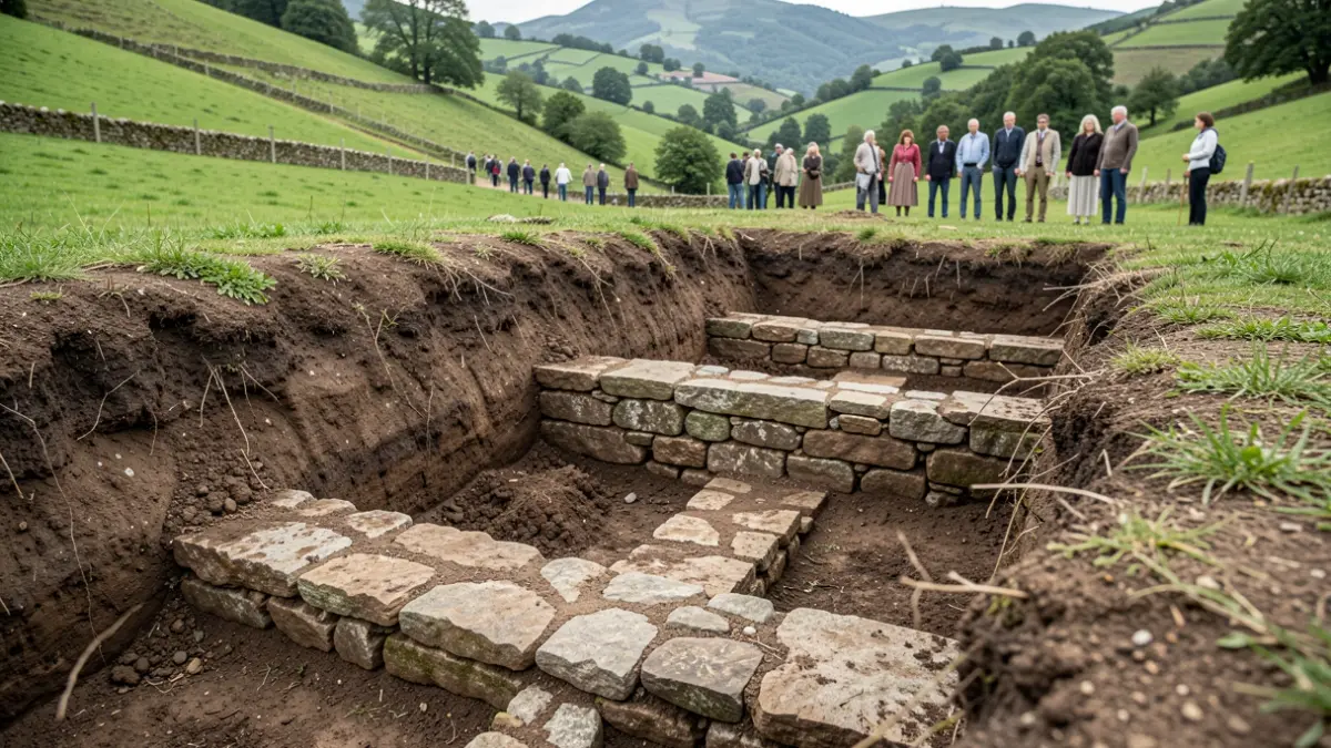 Imaxe dunha escavación arqueolóxica nun castro galego con restos de muros de pedra.