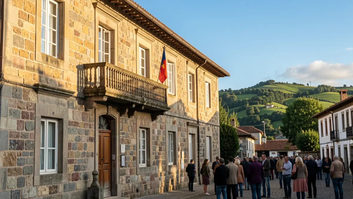 Imaxe xenérica dun concello de pedra galego con balcón, baixo a luz do sol da tarde.