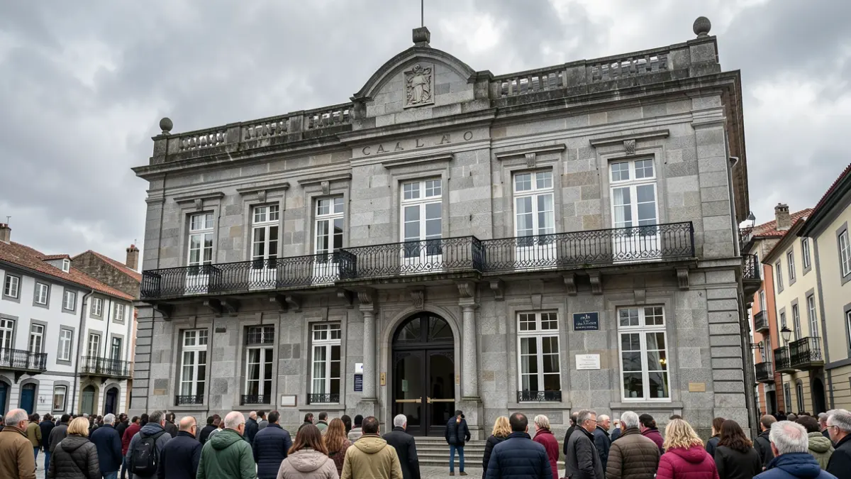 Imaxe xenérica dun concello galego de granito con balcóns de ferro.
