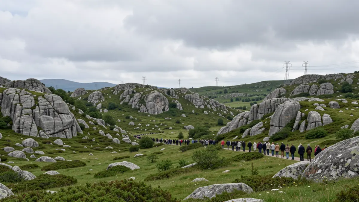 Imagen genérica de un paisaje gallego con colinas de granito y vegetación verde bajo un cielo nublado.