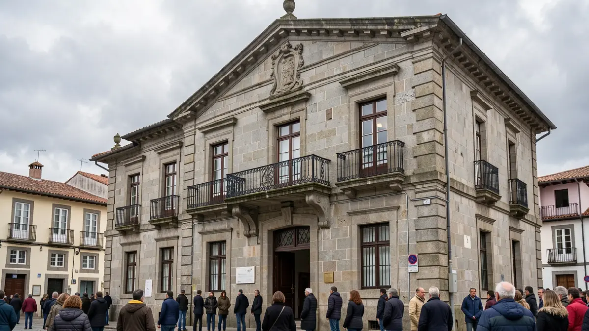 Imaxe xenérica dun concello galego de granito con balcón e ceo nubrado.