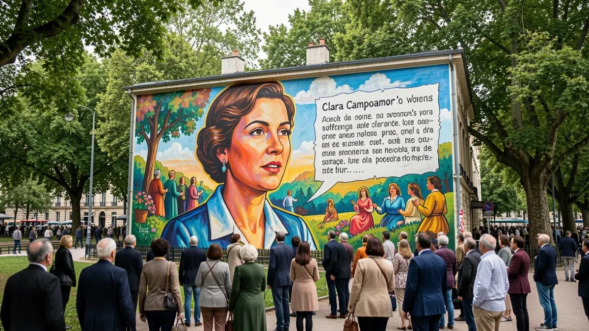 Mural colaborativo en homenaxe a Clara Campoamor no Parque dos Patos, Barbadás.