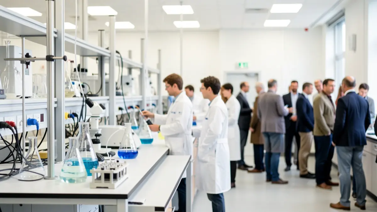 Imaxe xenérica dun laboratorio científico moderno con equipamento e investigadores ao fondo.