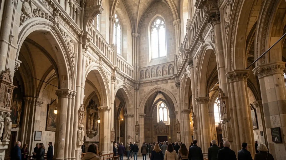 Imagen genérica del interior de la Iglesia de la Universidad de Santiago de Compostela, con arquitectura de piedra y luz suave.