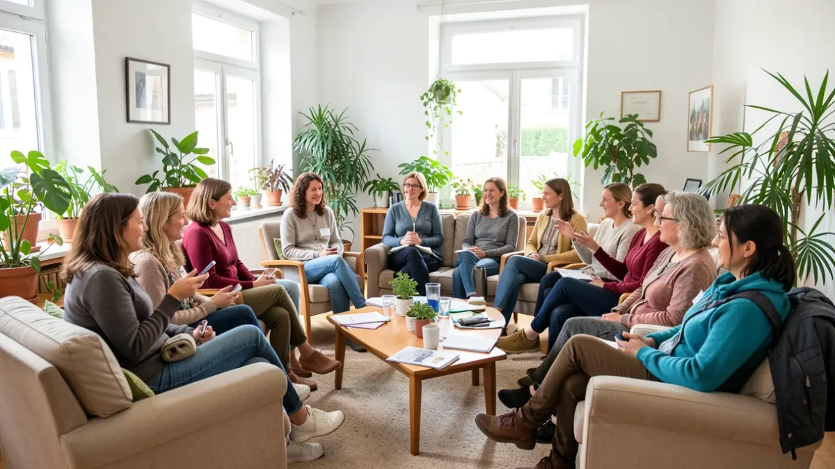 Imagen genérica de mujeres y personas con enfermedades crónicas participando en un taller de bienestar en un centro comunitario gallego.