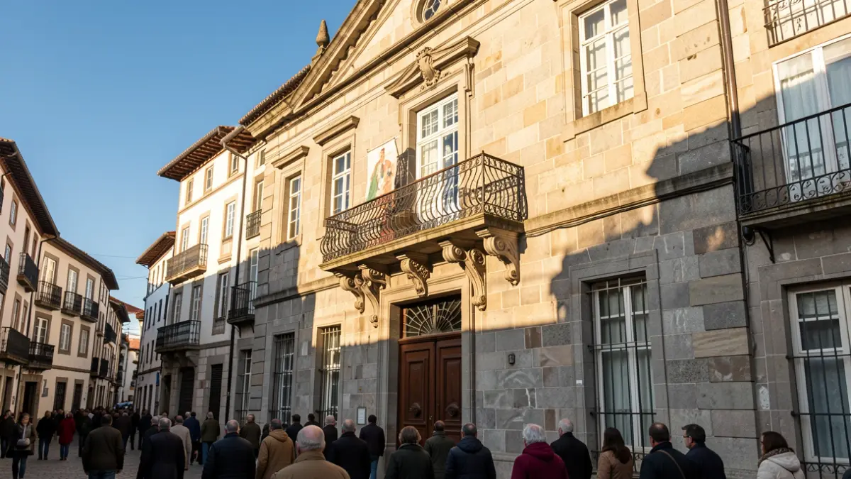 Imagen genérica de un ayuntamiento gallego de granito con balcón ornamentado y barandillas de hierro, cálida luz solar de la tarde, cielo azul.